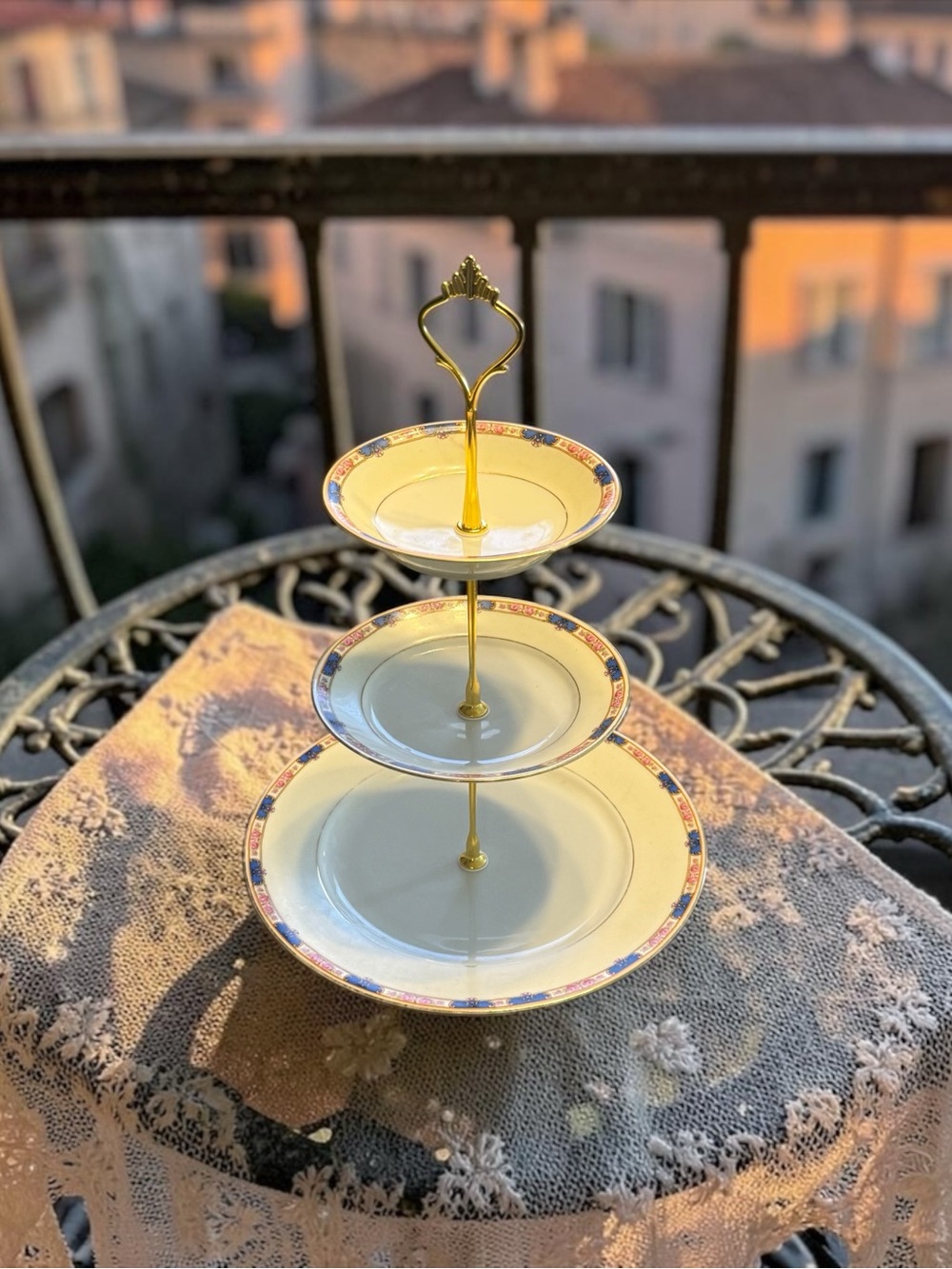 Three-Tier Porcelain Serving Stand White/Pink/Blue plates with Gold Handle